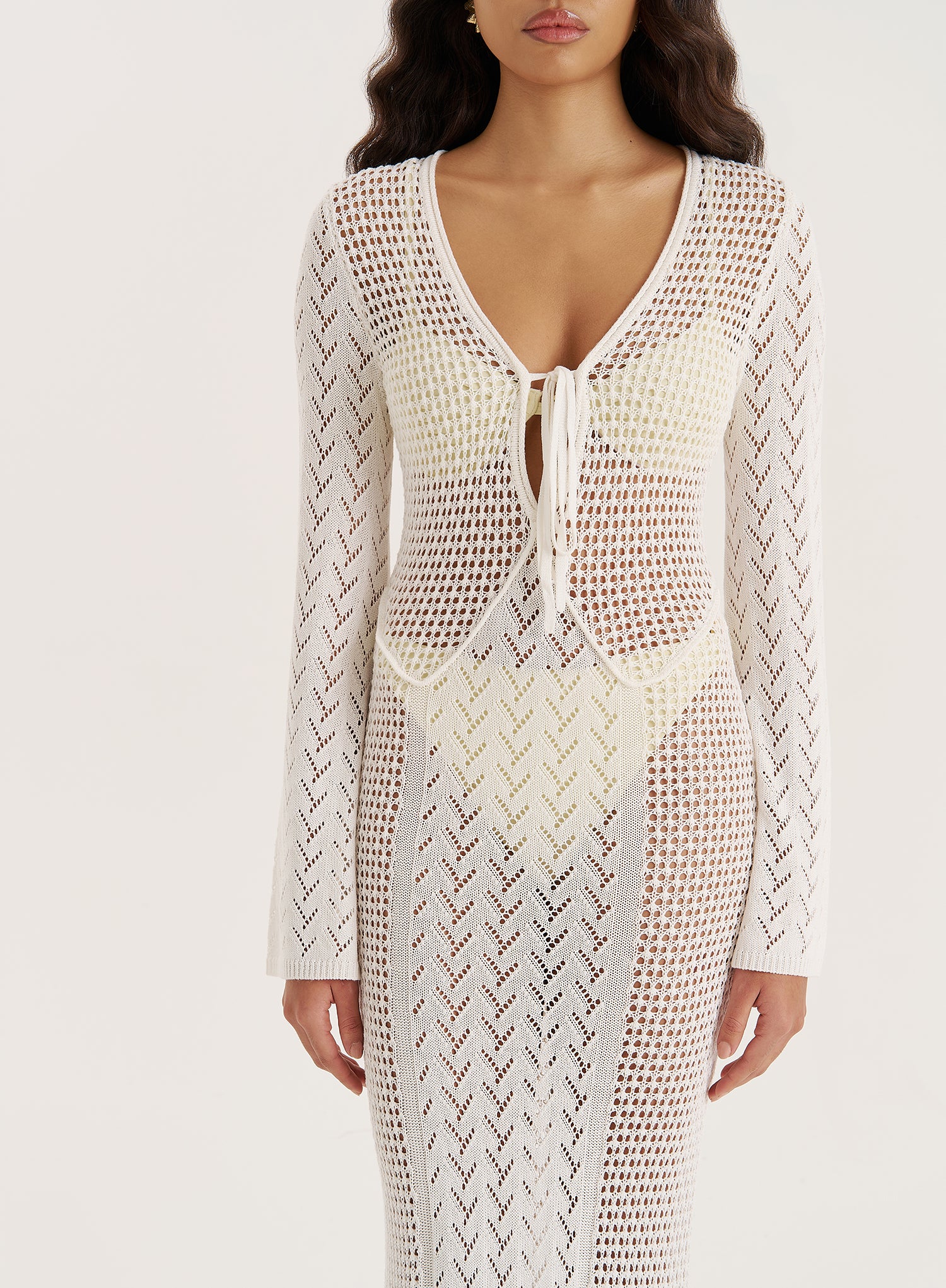 Cream Knit Panelled Crochet Maxi Dress